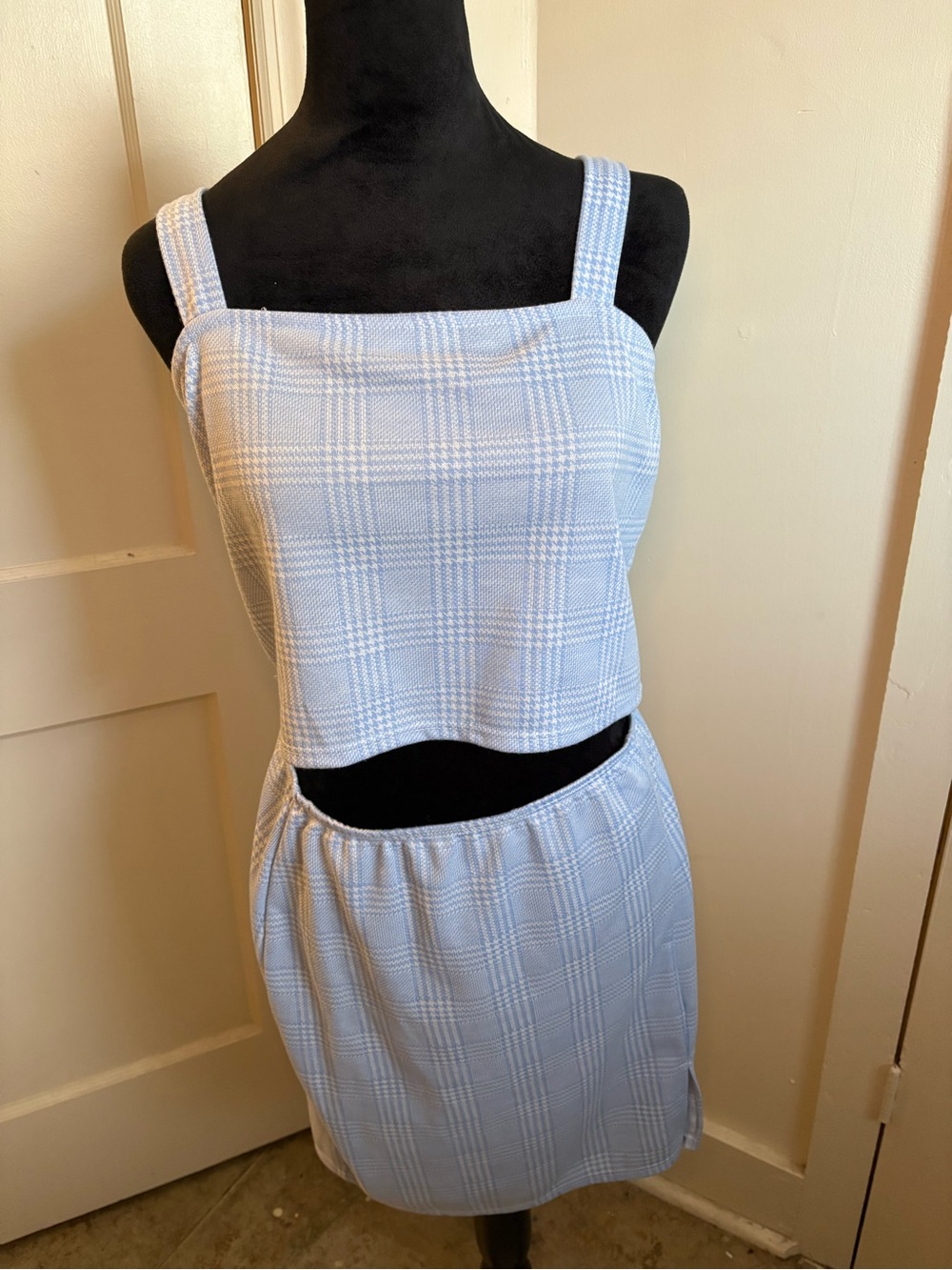Plaid Light Blue Cropped Tank and Mini Skirt Set